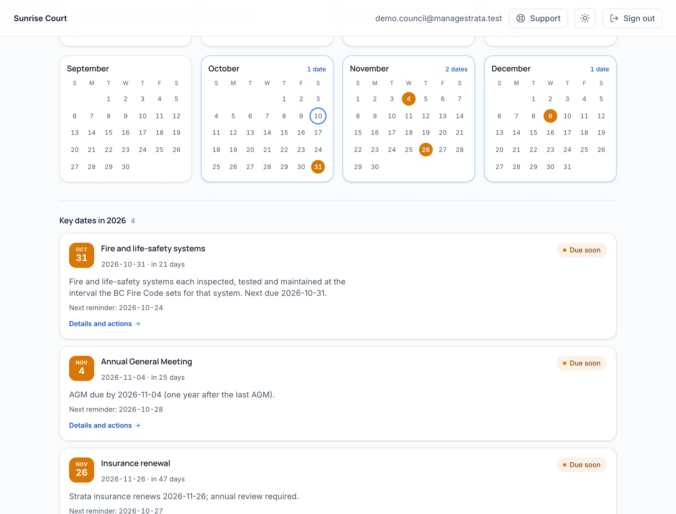 The compliance calendar: this year's remaining months with the fire inspection, the AGM, the insurance renewal and the depreciation report marked, and the key dates listed below with their reminders.